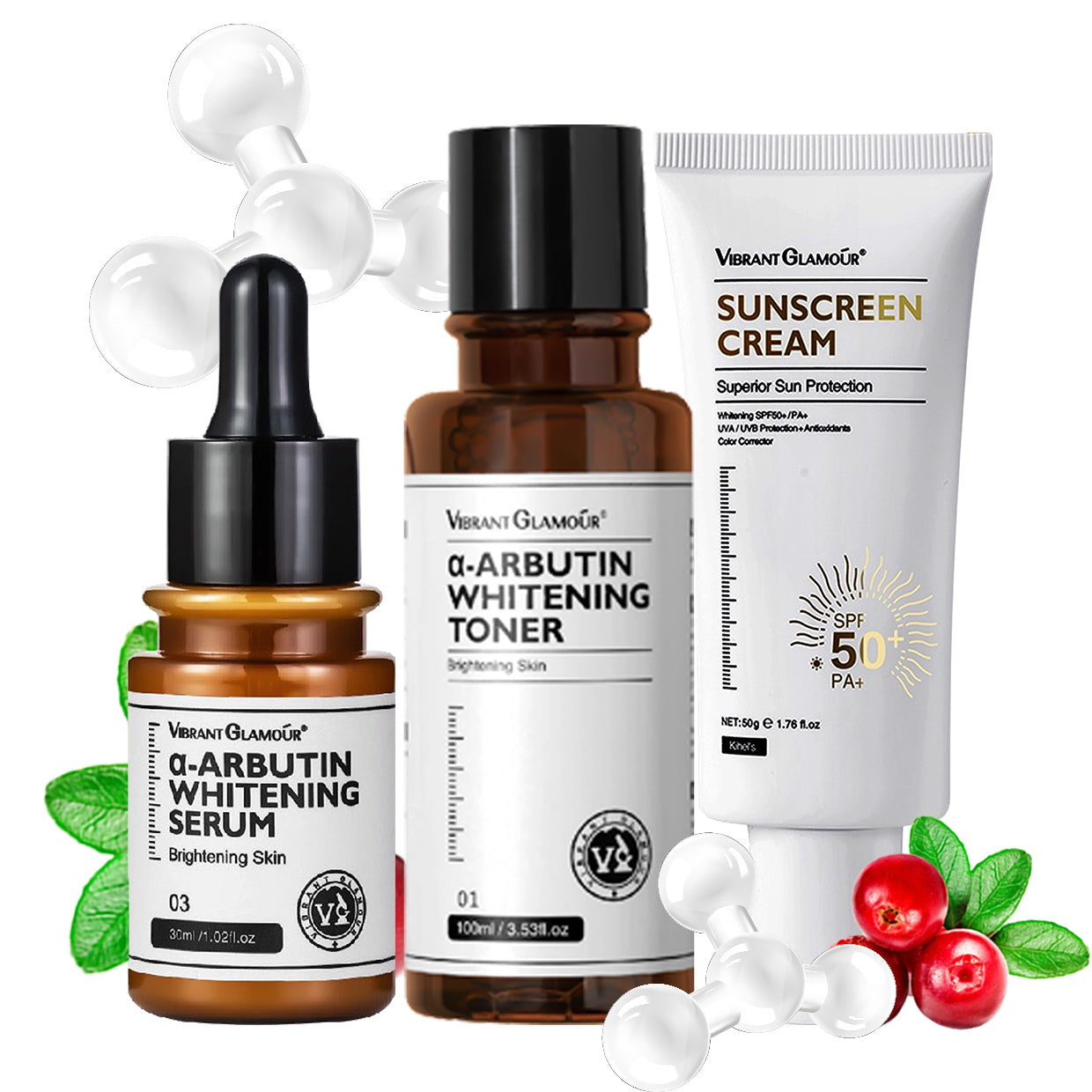 VIBRANT GLAMOUR FDA α-Arbutin Whitening Serum, α-Arbutin Toner & Sunscreen - Niacinamide Brightening Facial Essence Fade Dark Spot Melasma Hydrating Skincare Comfort
