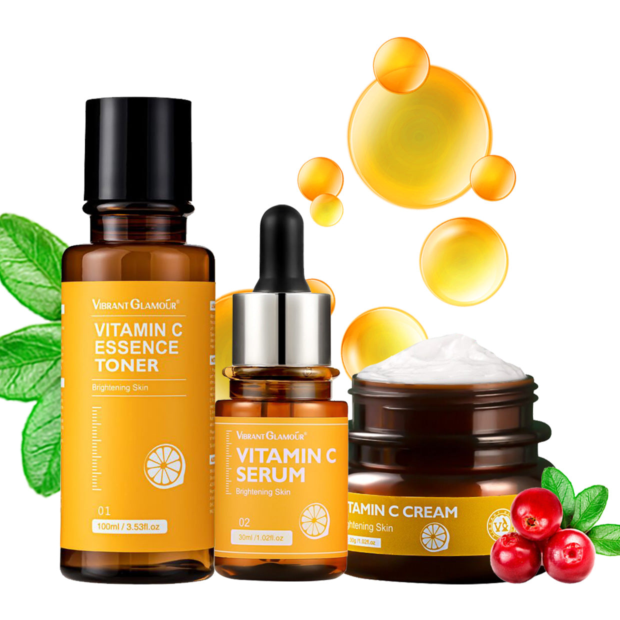 VIBRANT GLAMOUR Vitamin C Whitening Set Facial Essence Toner + Serum +Cream Fading Dark Spots Reduce Melamsa Freckles Skincare Comfort