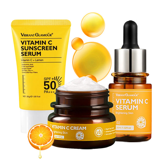 VIBRANT GLAMOUR FDA Vitamin C Whitening Set VC Sunscreen + Serum +Cream Fading Dark Spots Reduce Melasma Freckles