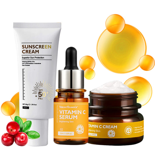 VIBRANT GLAMOUR FDA Vitamin C Face Serum Cream Spf 50+ Sunscreen Cream Whitening Combo Set Facial Skin Brighten(1 vit C serum + 1 vit C cream + 1 Sunscreen) Skincare Toner