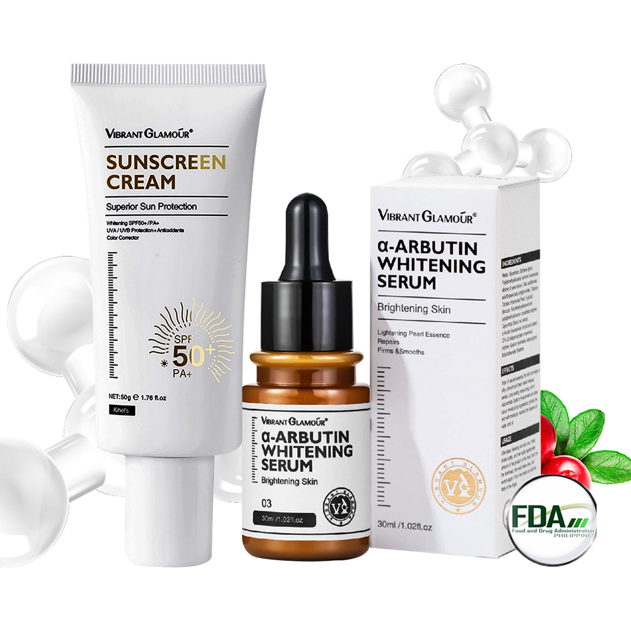 VIBRANT GLAMOUR FDA α-Arbutin Whitening Serum & VG Sunscreen - Niacinamide Vitamin C Brightening Facial Essence Fade Dark Spot Melasma