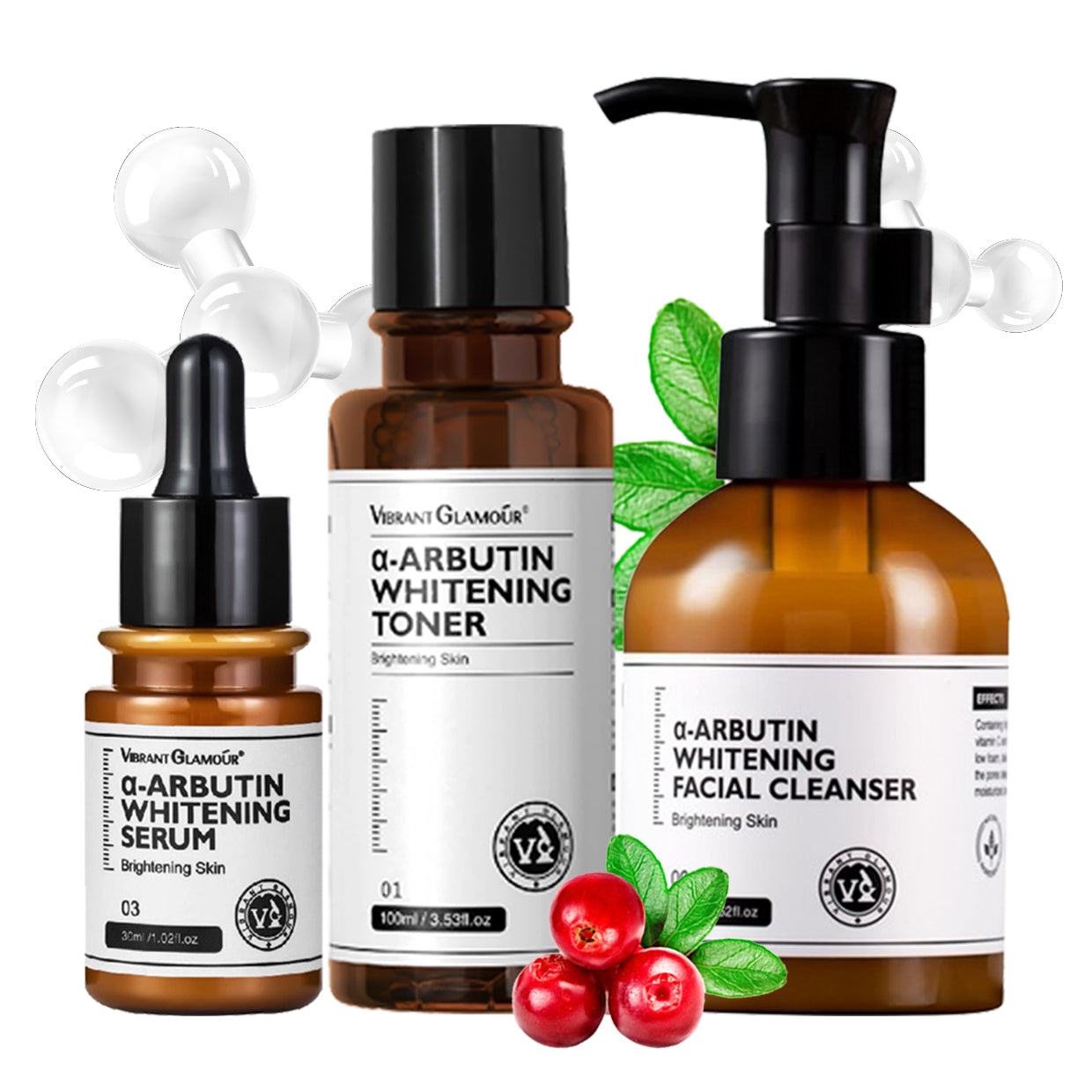 VIBRANT GLAMOUR α-Arbutin Whitening Series Face Cleanser Serum Toner Set - 1 arbutin cleanser+1 arbutin serum+1 arbutin toner - Skincare Skin Repair