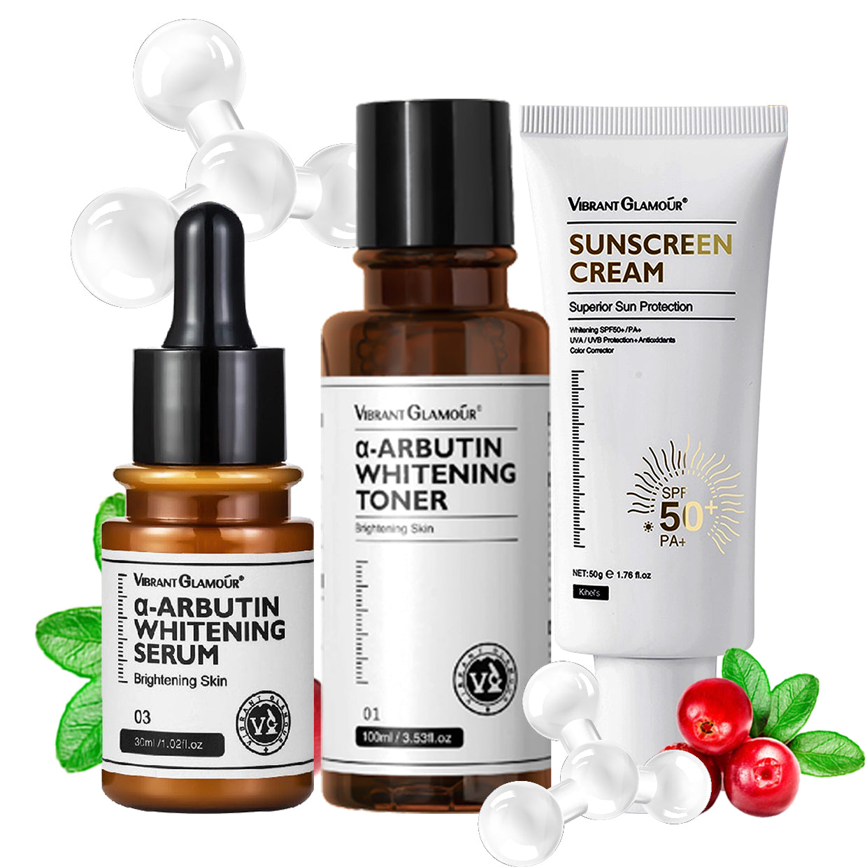 VIBRANT GLAMOUR FDA α-Arbutin Whitening Serum, α-Arbutin Toner & Sunscreen -  Niacinamide Brightening Facial Essence Fade Dark Spot Melasma Hydrating Skincare Comfort