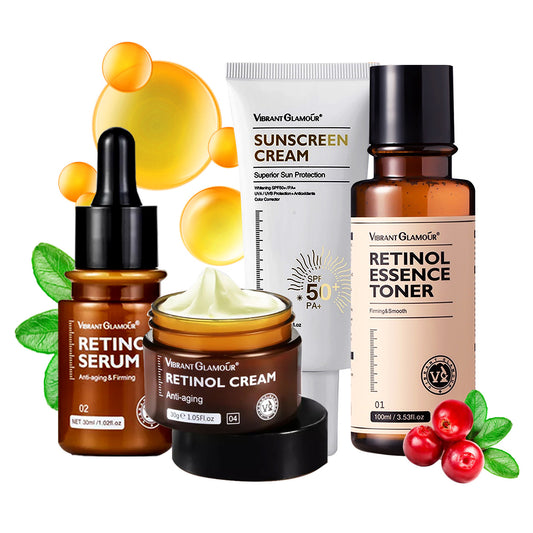 VIBRANT GLAMOUR FDA Retinol Night Set Face Cream Serum Essence Toner with Sunscreen Anti-aging Whitening Facial Moisturizer Anti Wrinkle Hydrating Skincare Brightening Hydrating Skincare