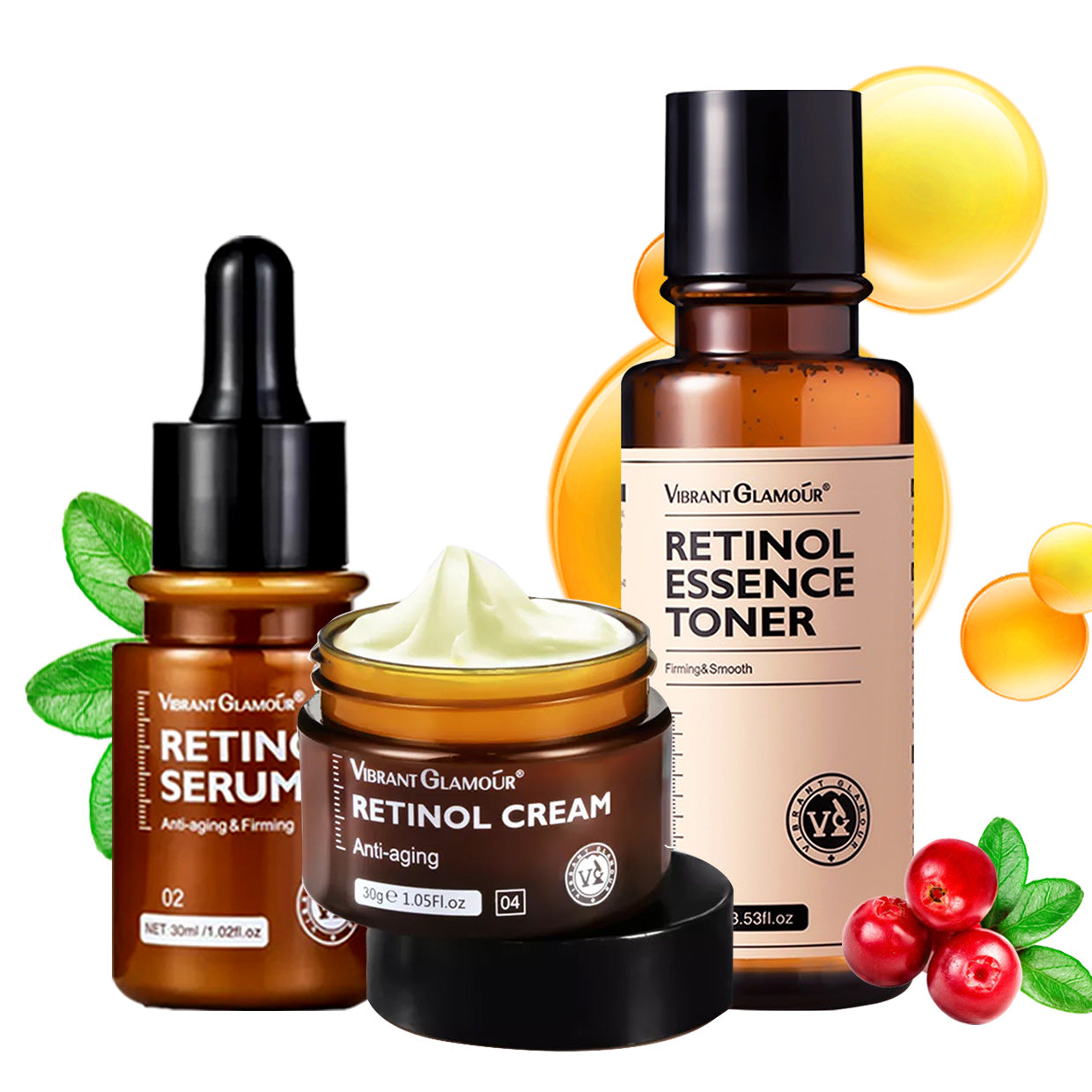 VIBRANT GLAMOUR FDA Retinol Set Face Cream+Facial Serum Toner VA Anti Aging Whitening Renewing Skin Reduce Fine Lines ( 1 retinol cream + 1 retinol serum + 1 retinol toner) Hydrating Moisturizer