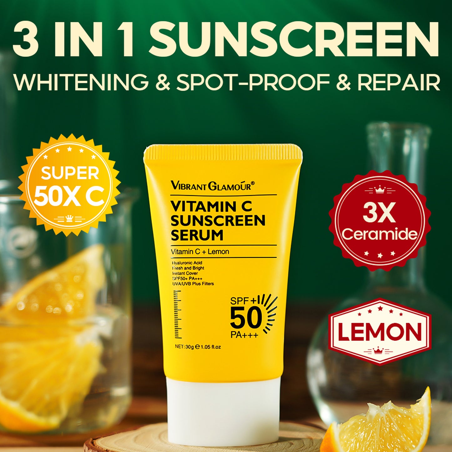 VIBRANT GLAMOUR - 30g Vitamin C Sunscreen Cream Whitening Spot Proof Repair Sunscreen SPF 50+ PA+++ UVA/UVB Sunblock 50X C Lemon 3X Ceramide Skin Barrier Repair Brightening Fade Dark Spots Skin Moisturizing