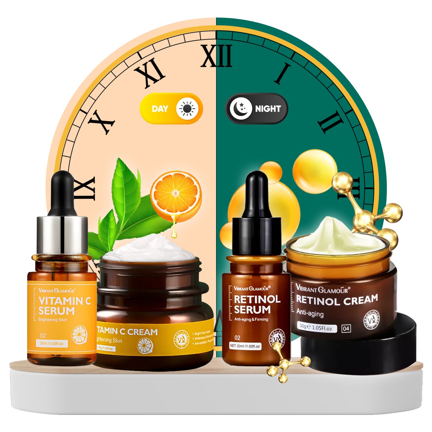 VIBRANT GLAMOUR SET - Vitamin C  Cream & Vitamin C Serum + Retinol Cream & Retinol Serum Skincare Facial