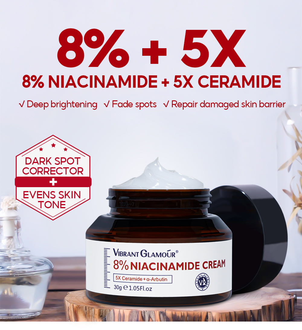 VIBRANT GLAMOUR 8% Niacinamide Whitening Face Cream 5% Niacinamide Serum Set 5X Ceramide 3X Centella Skin Barrier Skincare Acne