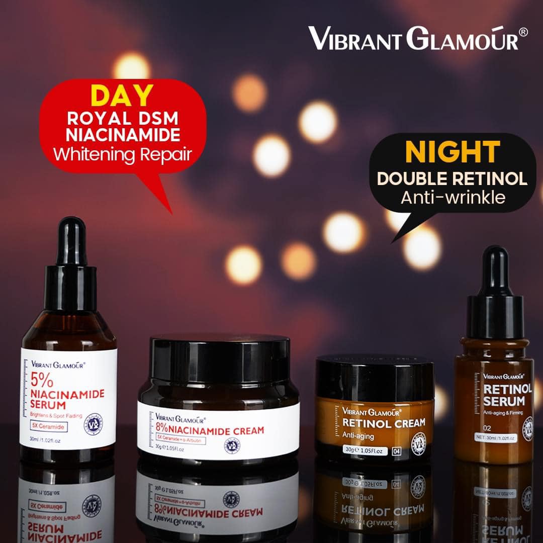 VIBRANT GLAMOUR FDA 8% Niacinamide Whitening Face Cream, 5% Niacinamide Serum, Retinol Cream, & Retinol Serum Skincare Acne Organic