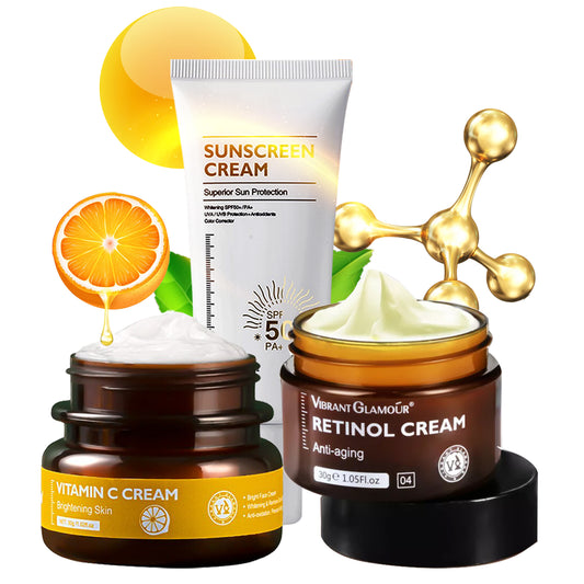 VIBRANT GLAMOUR FDA Anti-aging Sunblock Set Retinol Anti Wrinkle Face Cream Whitening Sunscreen Cream Vitamin C Fading Dark Spots(1 retinol cream + 1 vit C cream + 1 sunscreen)