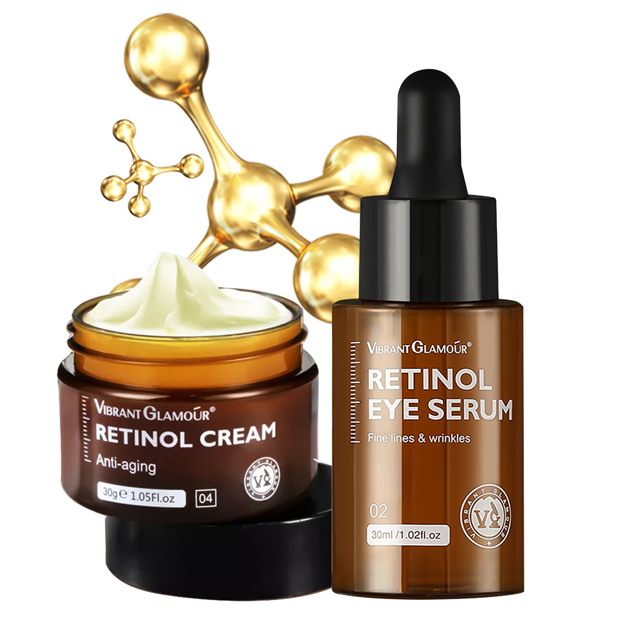 VIBRANT GLAMOUR FDA Retinol Set Face Cream+Eye Serum with Hyaluronic Acid Retinol Firming Collagen Anti-Aging Facial Treatment(1 retinol cream + 1 retinol EYE serum) Skincare Smooth