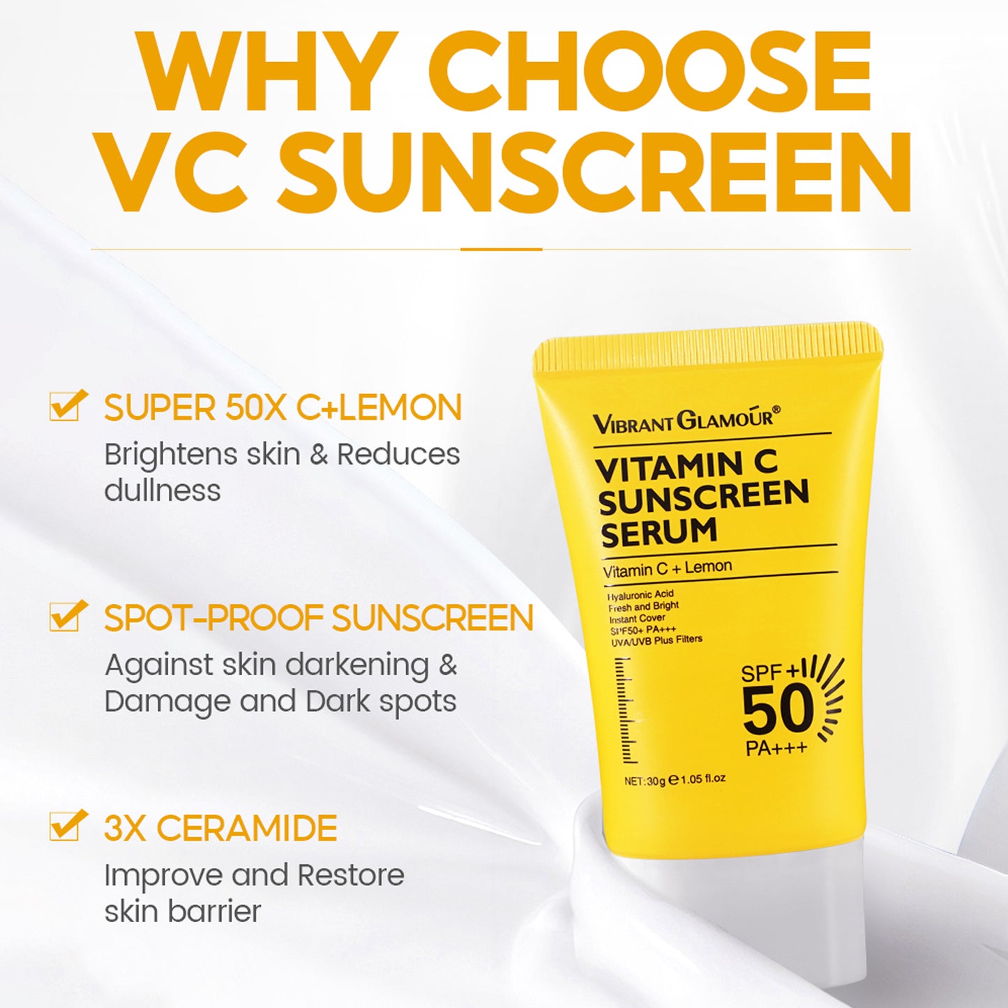 VIBRANT GLAMOUR - 30g Vitamin C Sunscreen Cream Whitening Spot Proof Repair Sunscreen SPF 50+ PA+++ UVA/UVB Sunblock 50X C Lemon 3X Ceramide Skin Barrier Repair Brightening Fade Dark Spots Skin Moisturizing