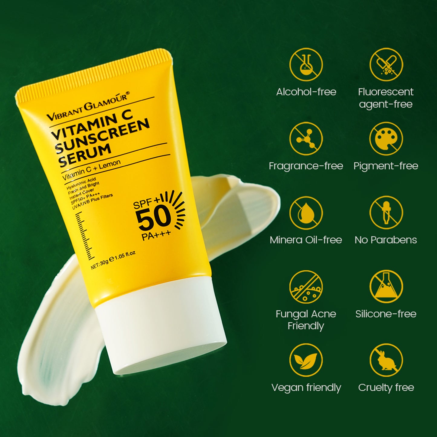 VIBRANT GLAMOUR - 30g Vitamin C Sunscreen Cream Whitening Spot Proof Repair Sunscreen SPF 50+ PA+++ UVA/UVB Sunblock 50X C Lemon 3X Ceramide Skin Barrier Repair Brightening Fade Dark Spots Skin Moisturizing