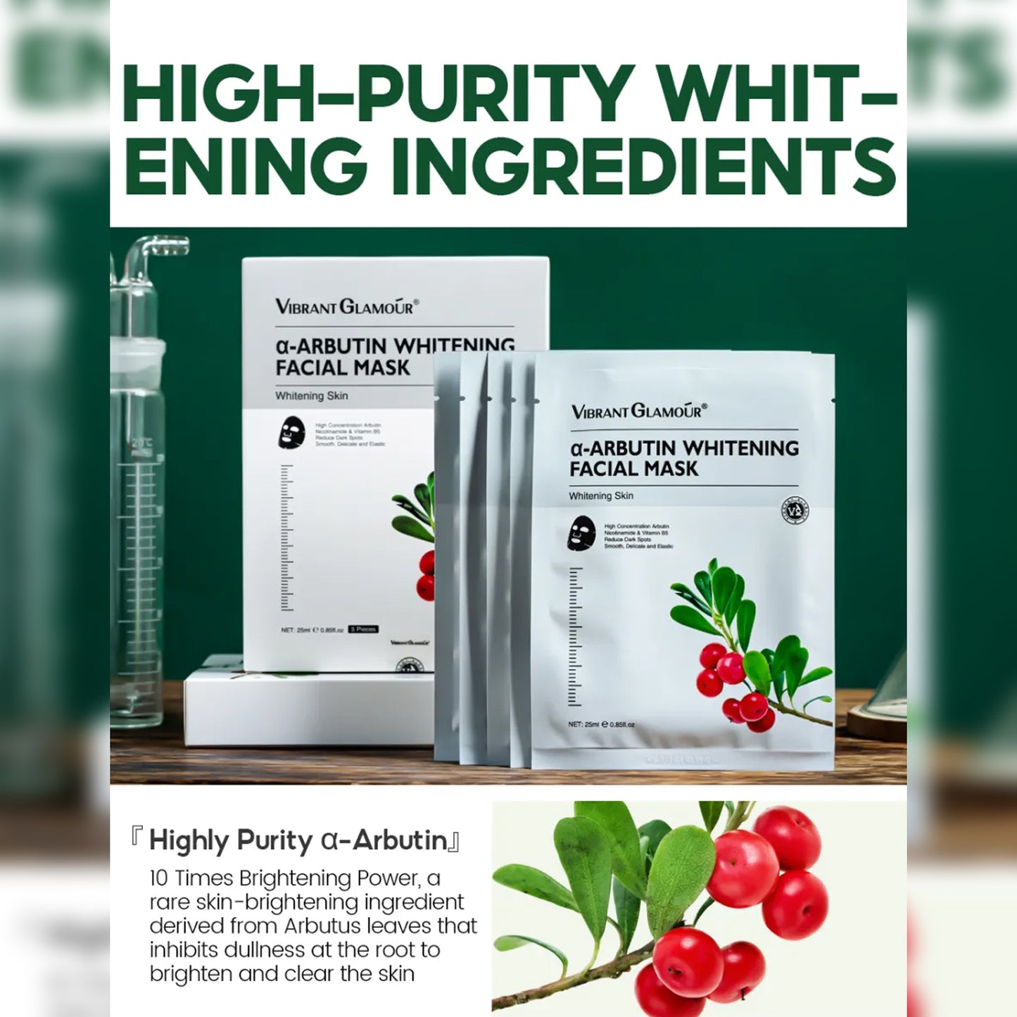 VIBRANT GLAMOUR α-Arbutin Whitening Facial Mask Instant Brightening Hydrating Niacinamide