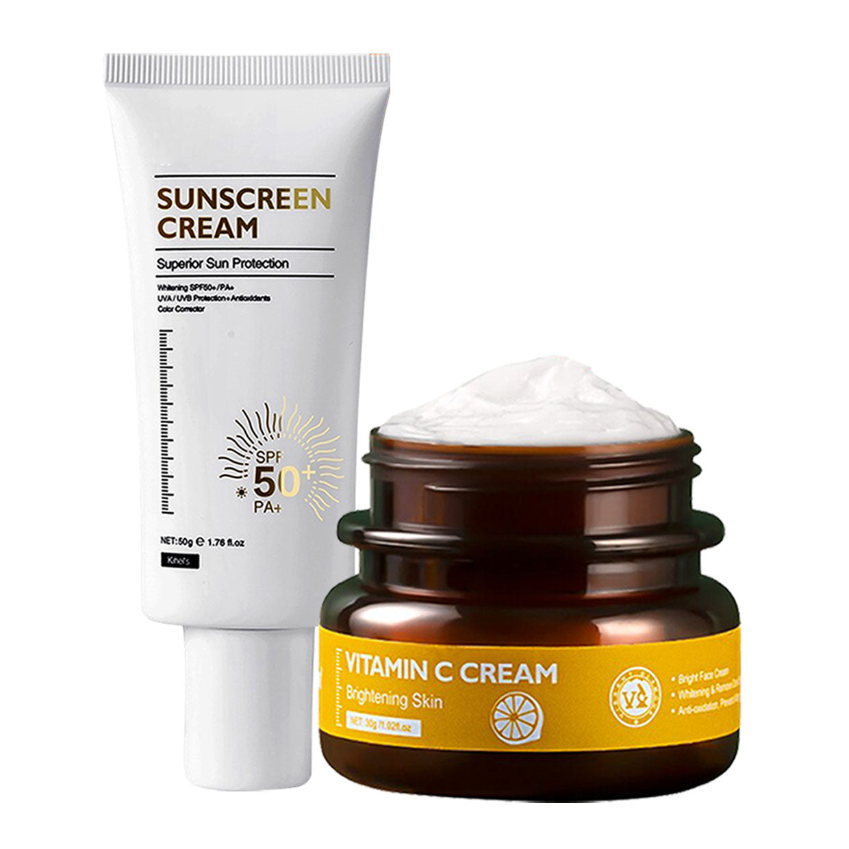 VIBRANT GLAMOUR FDA Whitening Sunscreen Vitamin C Face Cream Set Sunblock Anti-aging Fade Dark Spots Reduce Freckles Brightening (1 vit C cream + 1 sunscreen) Skincare Coconut