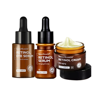 VIBRANT GLAMOUR FDA Retinol Set Face Cream+Facial Serum+Eye Serum VA VE Anti-Aging Whitening Renewing Skin Wrinkles 3pcs(1 retinol cream + 1 retinol serum + 1 retinol eye serum)