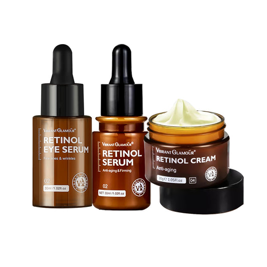 VIBRANT GLAMOUR FDA Retinol Set Face Cream+Facial Serum+Eye Serum VA VE Anti-Aging Whitening Renewing Skin Wrinkles 3pcs(1 retinol cream + 1 retinol serum + 1 retinol eye serum)