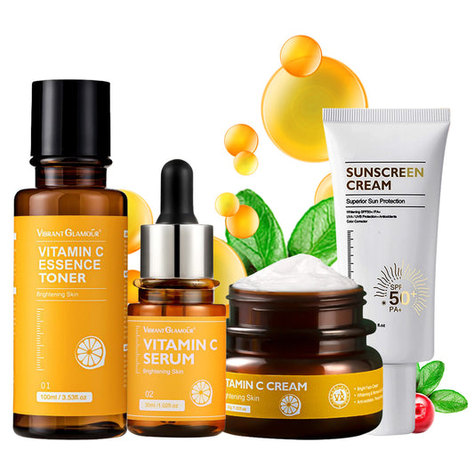 VIBRANT GLAMOUR Vitamin C Whitening Set Facial Essence Toner + Serum +Cream  + Sunscreen Skincare Gentle